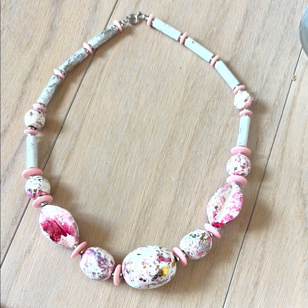 Vintage-Inspired Pink and White tie dye Ceramic Bead Necklace